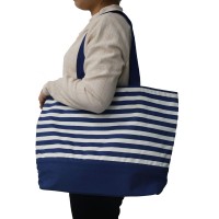 Blue and white striped single-shoulder bag magnetic snap canvas tote bag